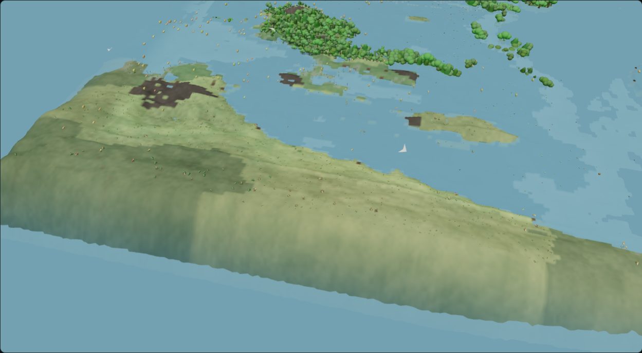 Three-dimensional view along the causeway: a broad pale ridge of ground running away into the distance with water on both sides and wooded land beyond.