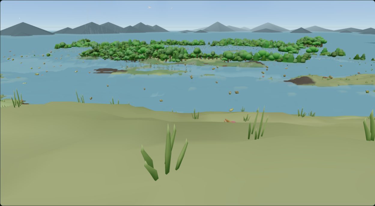 Three-dimensional ground-level view of cell (200, 120): a low pale bank of ground in the foreground, shallow water beyond it, and a wooded shoreline in the distance.