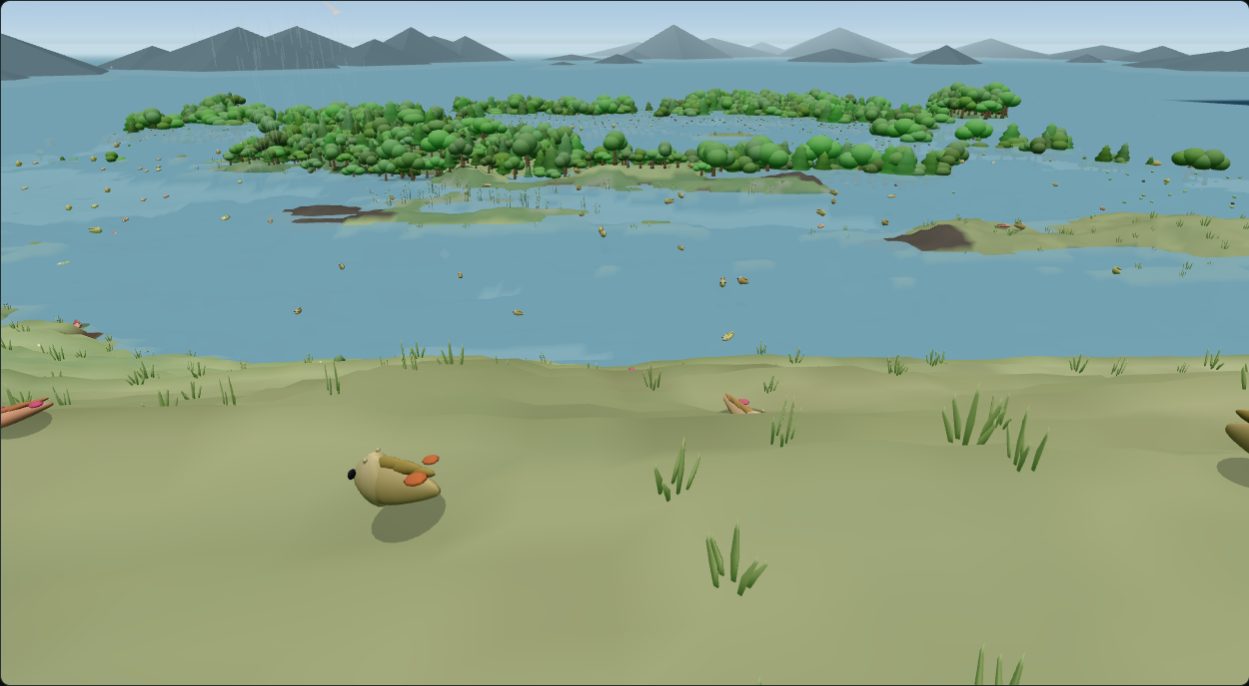 Ground-level 3D view of the same interior: bare pale ground in the foreground with a few organisms on it, shallow water beyond, and a long wooded ridge on the horizon.