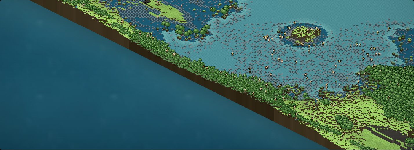 Isometric view along the southern margin: a raised green strip of ground running diagonally across the frame with deep open ocean on one side and the flooded island interior on the other.