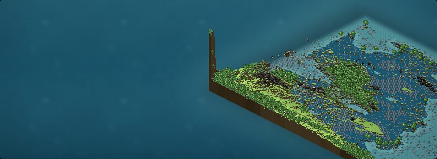 Isometric view of the world's south-west corner: a narrow brown tower rising far above the surrounding land, with the built green rim and the flooded interior behind it.