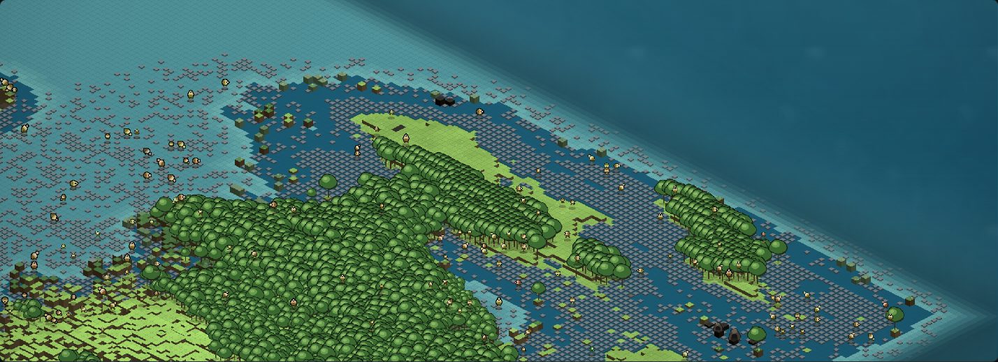 Isometric view of the east island's interior: shallow water covering most of the frame, broken by ridges of surviving green land carrying dense trees.