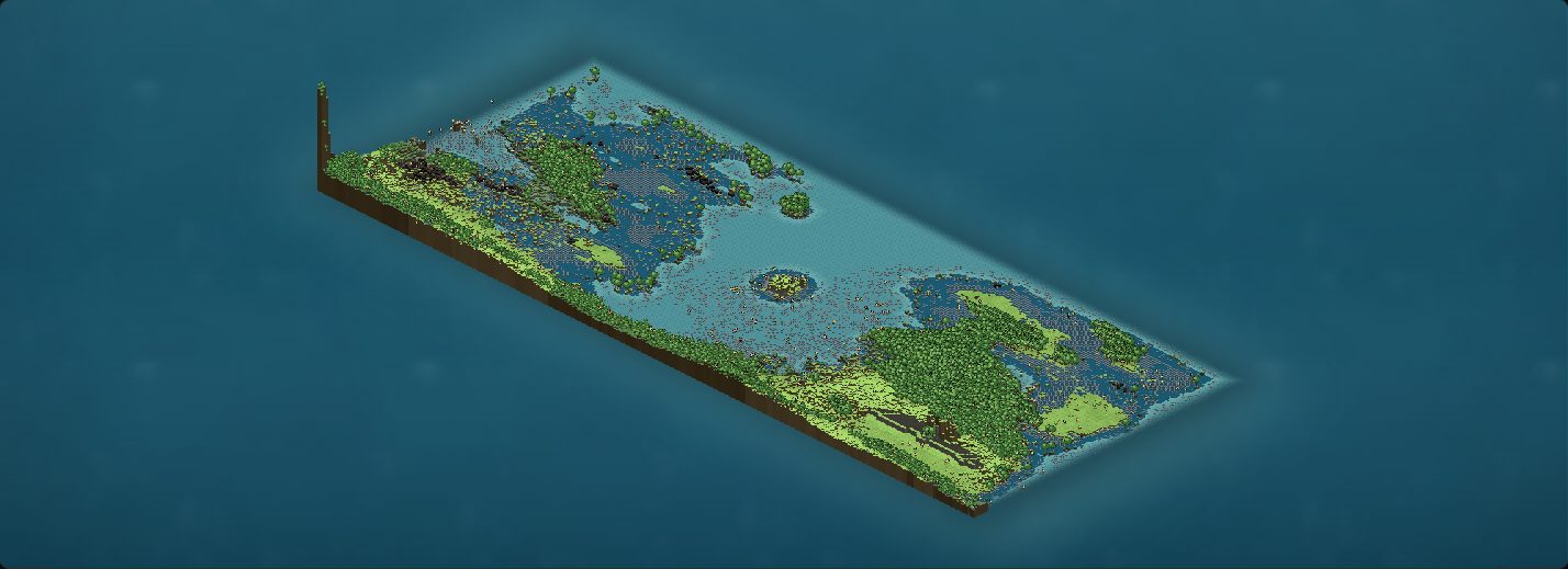 The whole of Universe 1 seen from above in the isometric view: a long rectangular world with a bright green rim along its south and west edges, a pale flooded interior, and a tall thin tower standing at the far south-west corner.