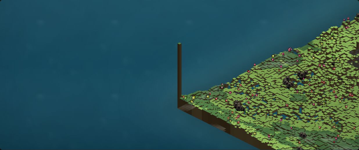 A close view of the west island's corner: a single-cell column, many times taller than anything around it, at the point where the island meets the edge of the map.