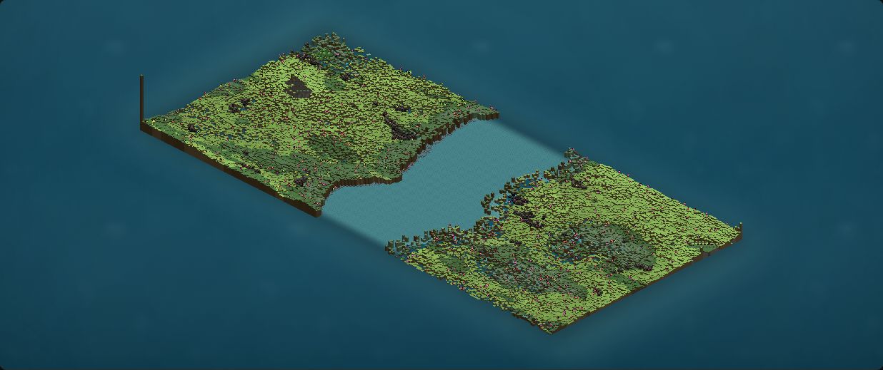 Both islands seen isometrically across a strait. A thin dark column rises at the far left point of the west island, and a much shorter one at the far right point of the east island.