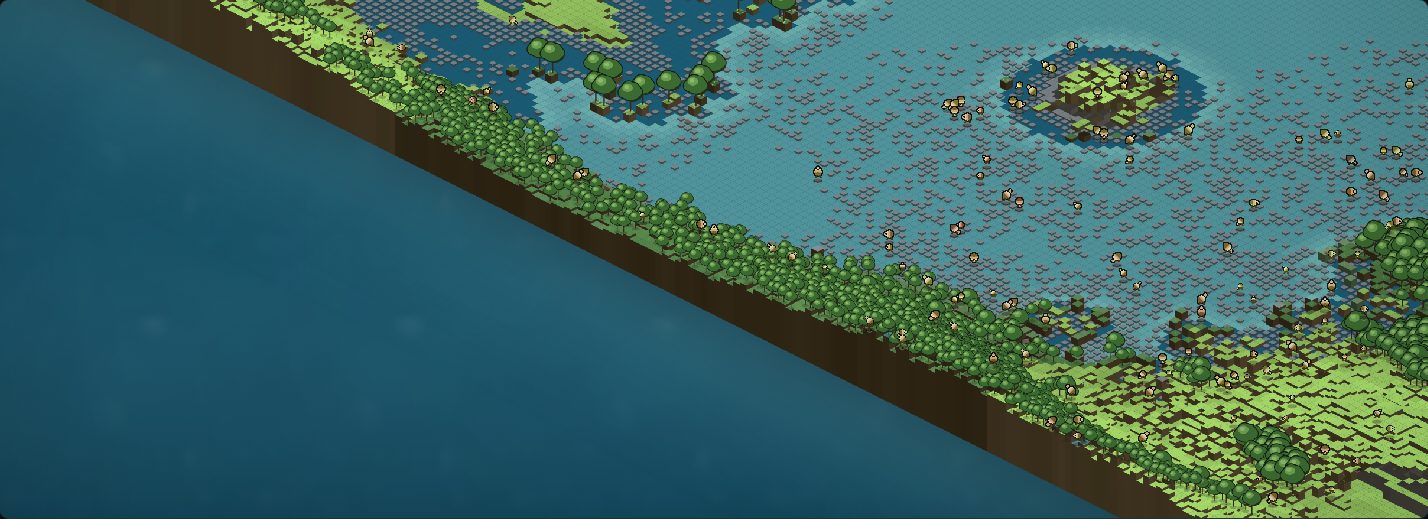 A close isometric view of the southern edge: a raised, densely forested ridge runs diagonally across the frame with open sea on one side and a pale, flat, worked-down interior scattered with living organisms on the other.