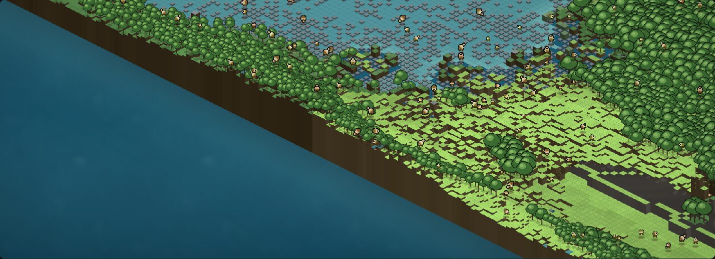 A close isometric view centred on cell 200,120 -- built ground crowded with dozens of living organisms, open sea to one side.