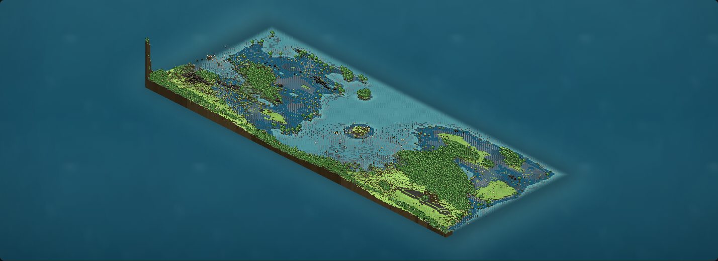 The whole world seen isometrically: a long slab of land in open sea. Along its entire lower-left edge runs a continuous raised green ridge. At the far left point a single thin brown column stands far above everything else. The interior is pale and flat by comparison.