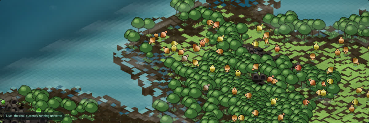 An isometric view of Universe 1: a wooded coastline with dozens of small organisms
            among the trees, dark cave openings in the higher ground, and shallow water fading
            into deeper sea.