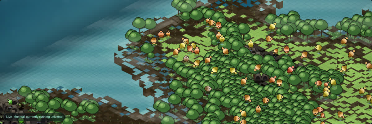 An isometric view of a wooded coastline in Universe 1 by day. Dozens of small
            organisms in varied colours stand among rounded trees; dark openings in raised ground
            mark cave mouths, and a pale shelf of shallow water separates the land from deeper sea.
