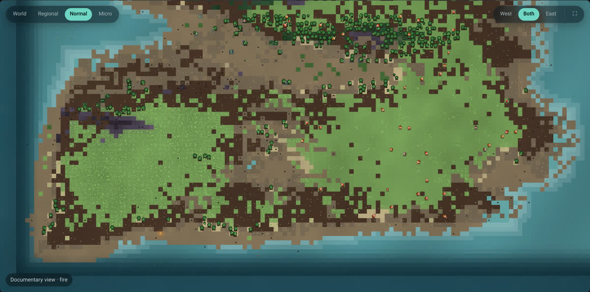 A close view of one island in Universe 1: green vegetated ground broken up by darker
            bare patches and scattered brown squares, with clusters of trees and small organisms
            spread across it.