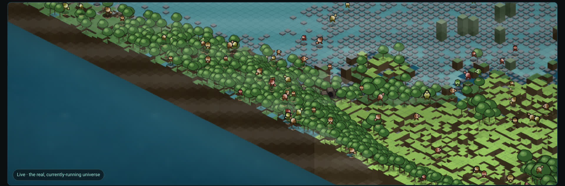 A close isometric view of Universe 1: a dense coastal forest with dozens of living organisms visible among the trees, a rocky shallows and a small raised landmass beyond. Every figure on screen is a real, currently-alive organism.