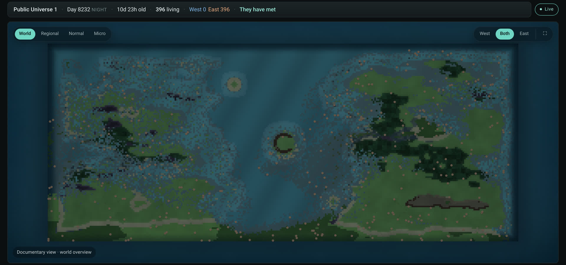 Universe 1's world map, both islands visible: West on the left shows no orange organism markers at all, East on the right is dense with them, and a scatter of orange markers now sits on West's own coastline and inland. The ringed islet and the circular summit both sit in the strait between the two.