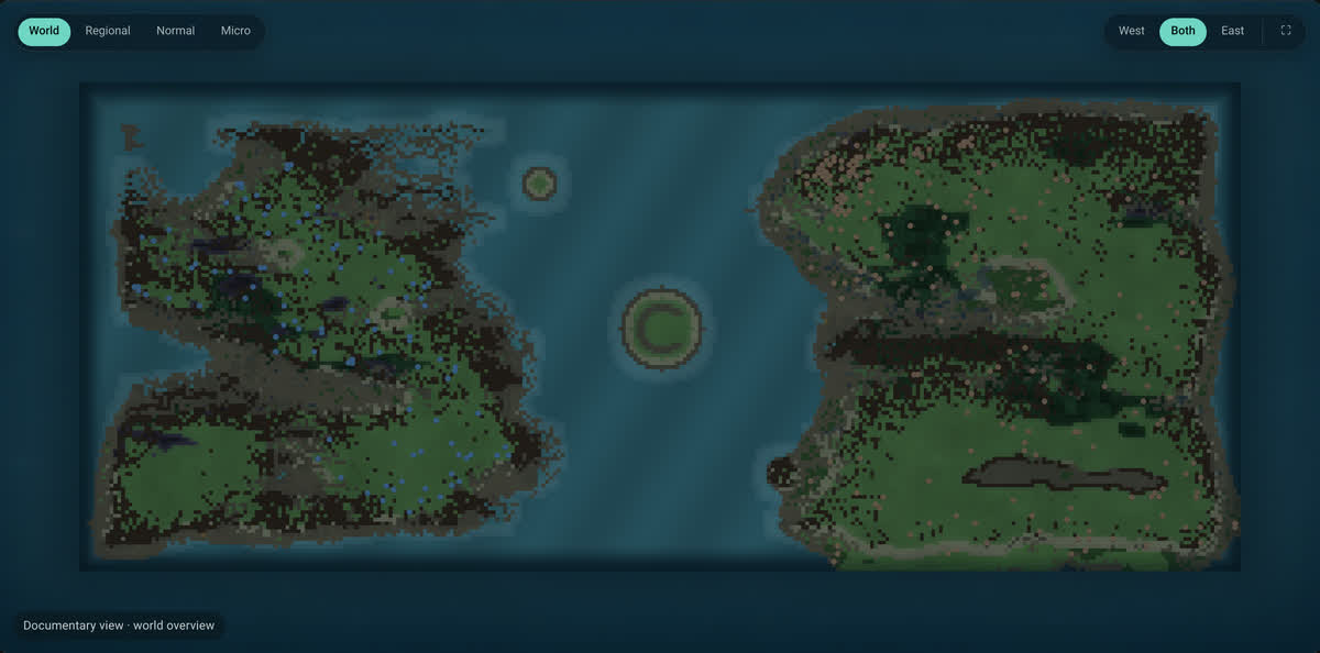 Universe 1 seen from above: two large landmasses separated by open water, with a
            circular ringed island at the centre of the strait and a smaller ringed island above
            and to its left.
